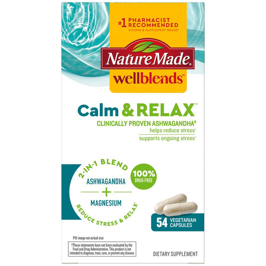 Nature Made Wellblends Calm & Relax vitamins with ashwagandha 125mg and magnesium 300mg in 54 vegetarian capsules.