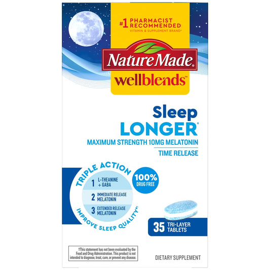 Nature Made Wellblends Sleep Longer Tri-Layer Tablets, dietary vitamins and supplements for better sleep support, shown in a bottle
