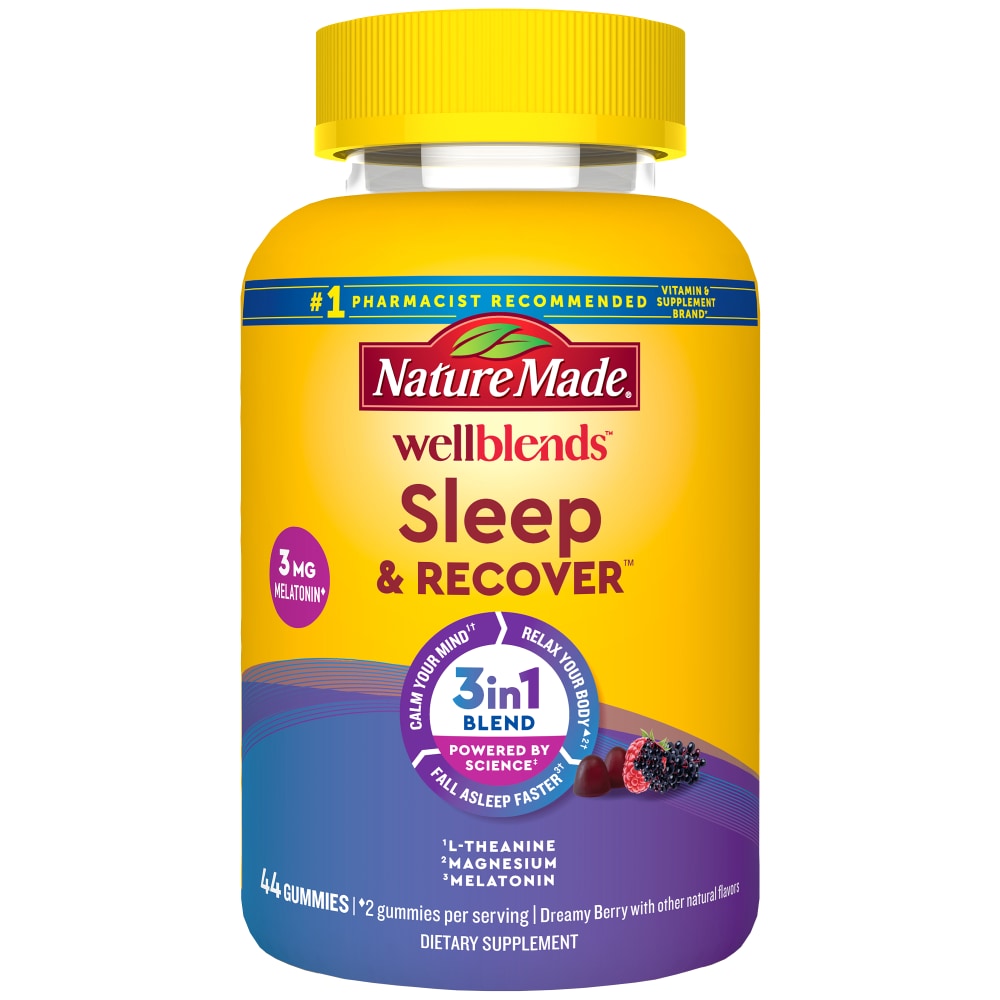 Nature Made WellBlends Sleep & Recover Gummies in Dreamy Berry flavor, vitamin supplement for restful sleep and recovery.