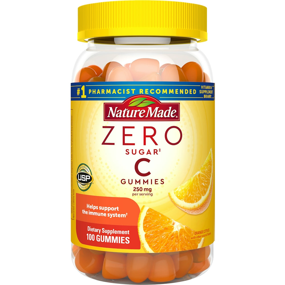 Nature Made Zero Sugar Vitamin C 250mg gummies in orange citrus flavor, displayed in a clear bottle with colorful gummies inside.