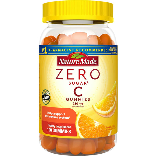 Nature Made Zero Sugar Vitamin C 250mg gummies in orange citrus flavor, displayed in a clear bottle with colorful gummies inside.