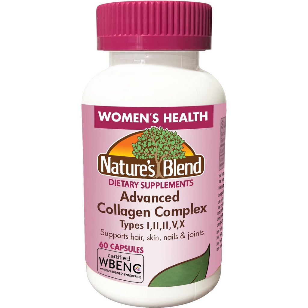 Bottle of Nature’s Blend® Advanced Collagen Complex supplements with label showing types I, II, III, V, and X for skin and joint support.
