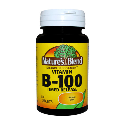 Nature's Blend B-100 Complex timed release vitamin supplement in a bottle of 50 tablets, by Pasteur Pharmacy.
