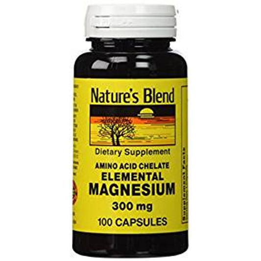 Nature's Blend Elemental Magnesium supplement in 100 capsules, amino acid chelate, 300 mg, from Pasteur Pharmacy vitamins and supplements.