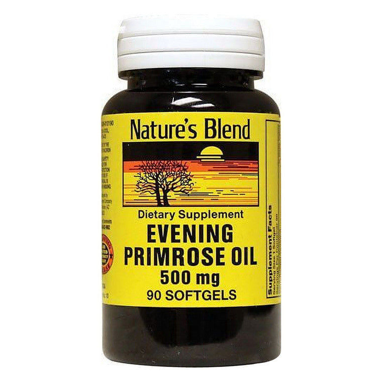 Nature's Blend Evening Primrose Oil 500 Mg soft gels, supplement bottle with 90 capsules, in a natural health product image.