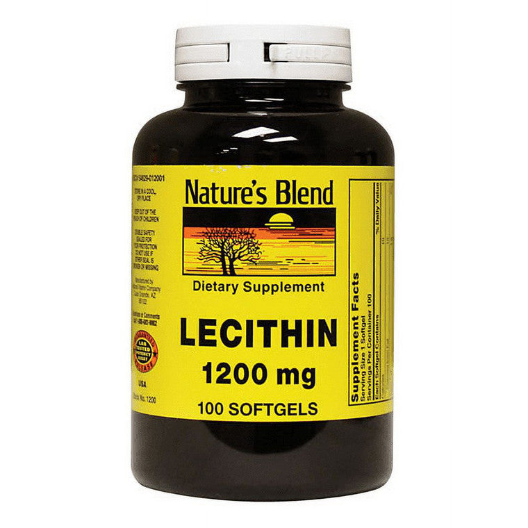 Nature's Blend Lecithin capsules, 1200 mg supplement by Pasteur Pharmacy, showing a bottle with 100 capsules on a white background.