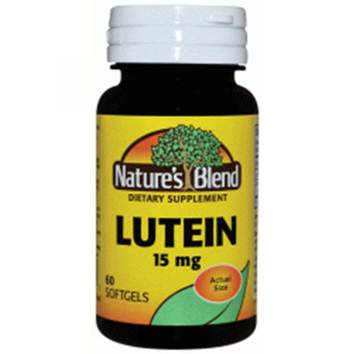 Nature's Blend Lutein 15 mg softgels, dietary supplement for eye health, in a bottle of 60 softgels.
