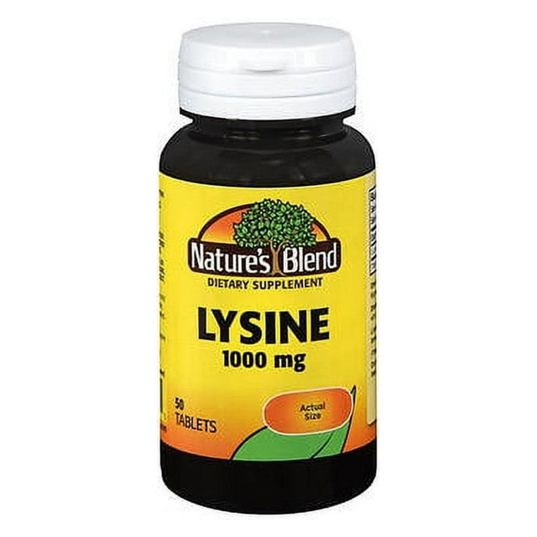 Nature's Blend Lysine 1000 Mg vitamin supplement in a bottle of 50 tablets, designed for immune support and overall wellness.