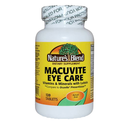 Nature's Blend Macuvite Eye Care Tablets from Pasteur Pharmacy, vitamin supplement for eye health in a blister pack.