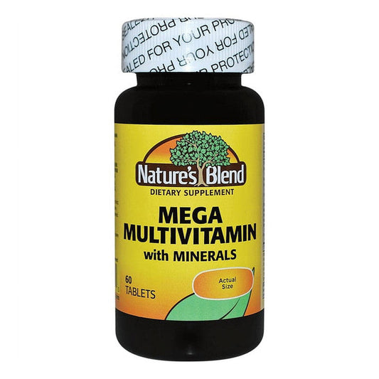 Nature's Blend® Mega Multivitamin with minerals in 60 tablets, dietary supplement bottle featuring colorful label and tablets inside