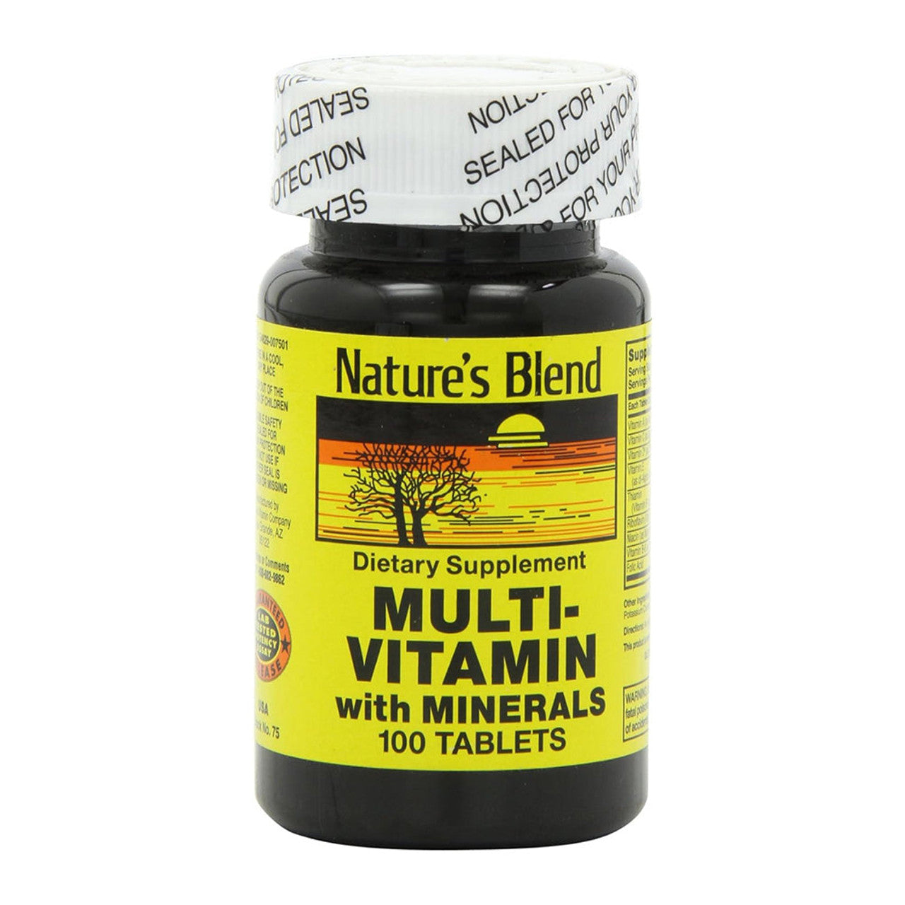 Bottle of Nature's Blend Multimineral Tablets by Pasteur Pharmacy, showing 100 vitamin and mineral supplement tablets.