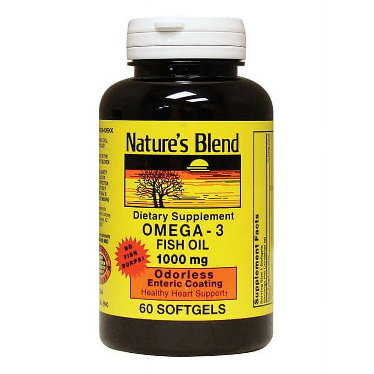 Nature's Blend Omega-3 Fish Oil softgels, 1000mg, from Pasteur Pharmacy, shown in a bottle with softgel capsules inside.