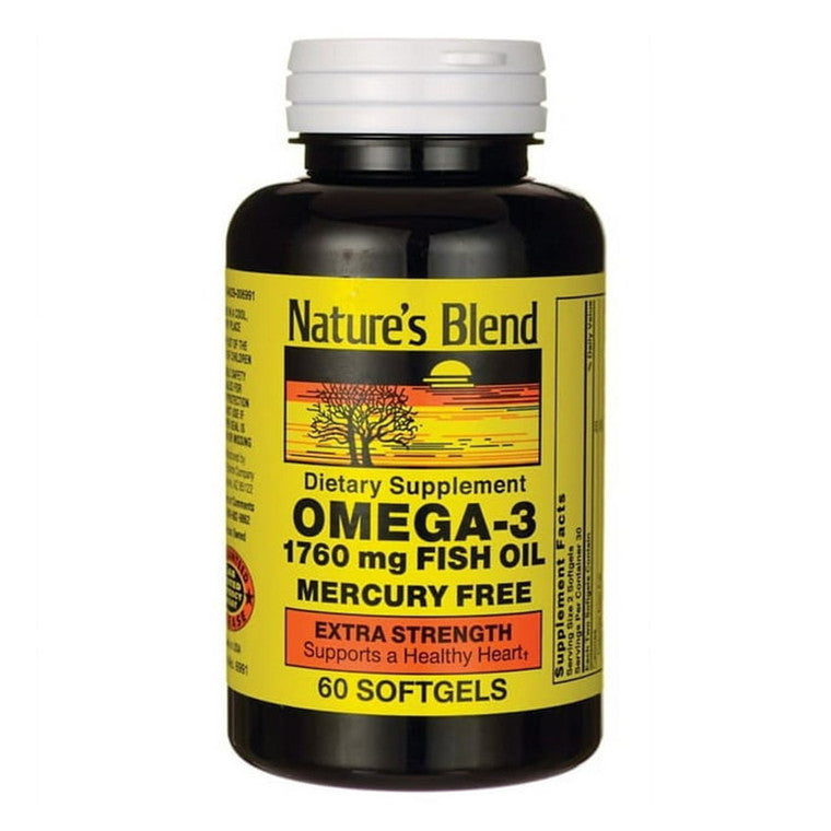 Bottle of Nature's Blend Omega 3 Softgels from Pasteur Pharmacy, showing 60 softgel capsules for vitamins and supplements.