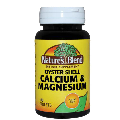 Nature's Blend oyster shell calcium and magnesium tablets, dietary supplement for bone health and mineral support.