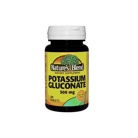 Bottle of Nature's Blend Potassium Gluconate 500 mg vitamins and supplements with 100 tablets from Pasteur Pharmacy.