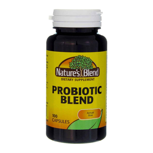 Nature's Blend Probiotic Capsules by Pasteur Pharmacy, dietary supplement bottles with capsules for digestive health.