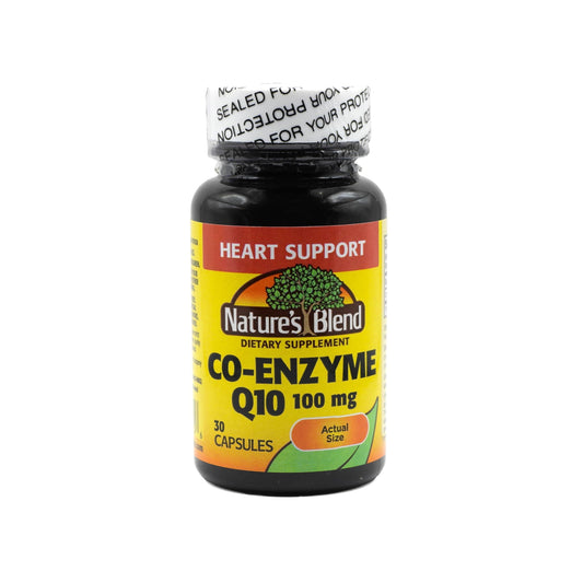 Nature's Blend S Coenzyme Q10 100 Mg supplement capsules from Pasteur Pharmacy, showing 30 capsules in the bottle.