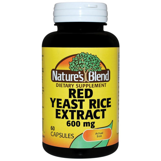 Nature's Blend S Red Yeast Rice Extract capsules from Pasteur Pharmacy, 600 mg, arranged in a clear bottle with label visible.