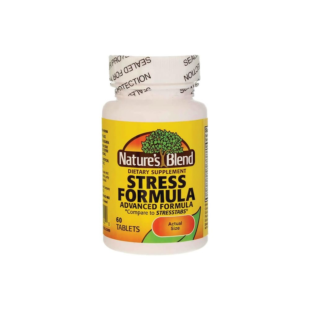 Bottle of Nature's Blend® Stress Formula High Potency B-Complex vitamins and supplements in 60 tablets from Pasteur Pharmacy.