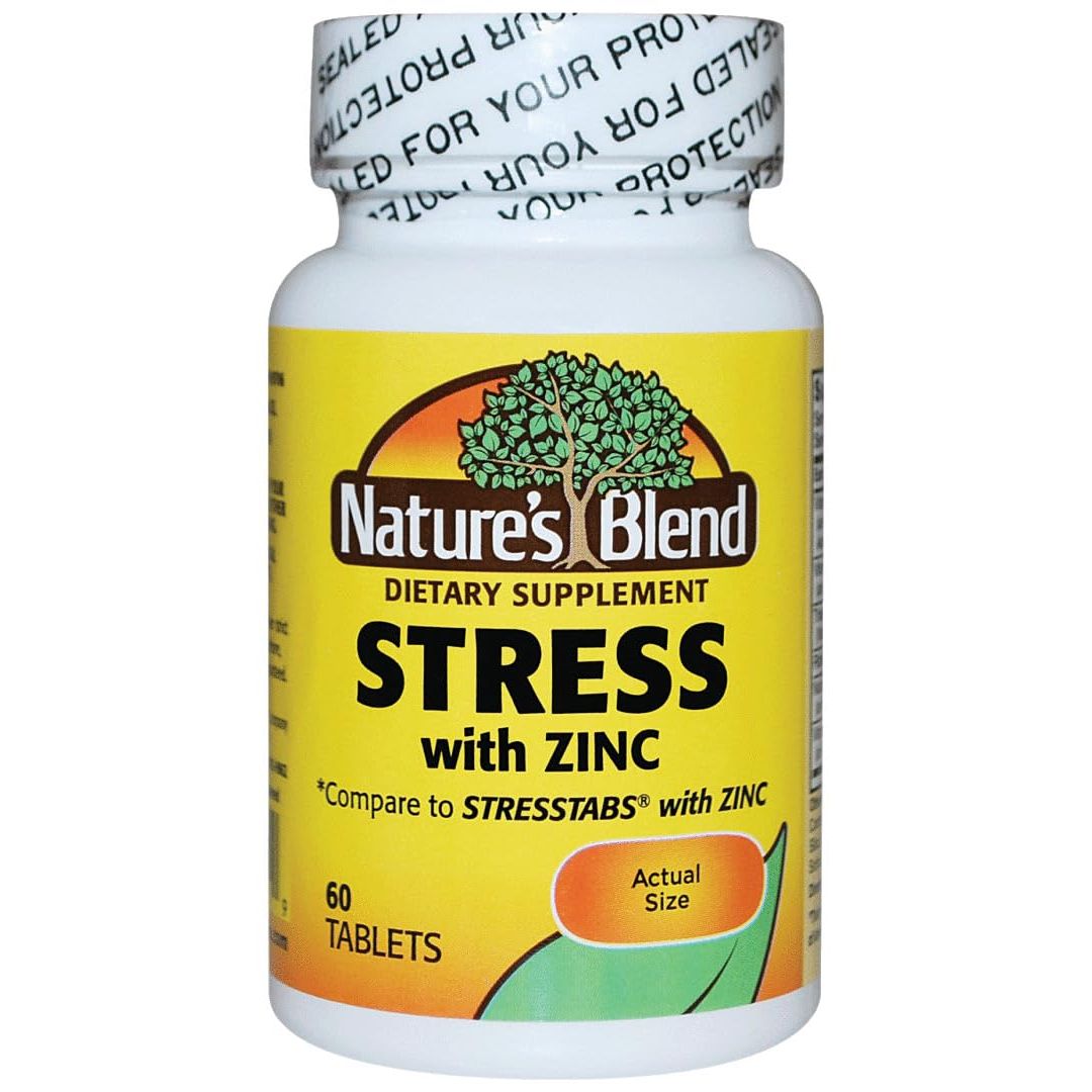 Bottle of Pasteur Pharmacy Nature's Blend Stress Formula with Zinc dietary supplement, with supplement capsules visible.