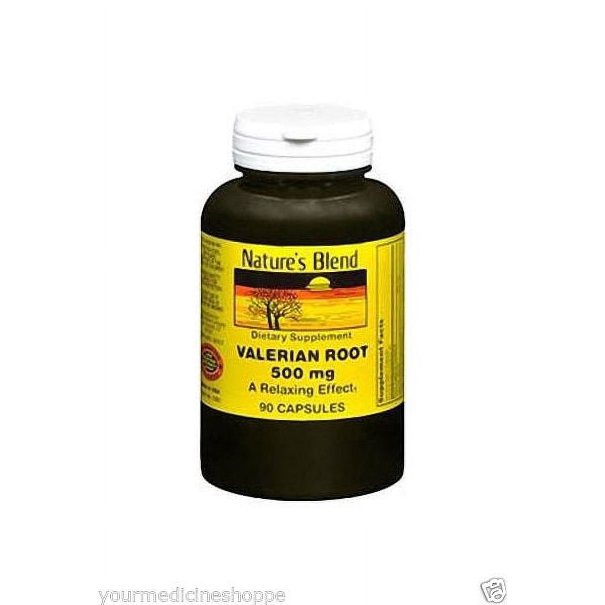 Bottle of Nature's Blend Valerian Root 500 mg capsules from Pasteur Pharmacy, dietary supplement for relaxation and sleep support.