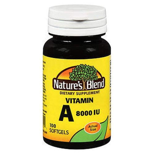 Nature's Blend Vitamin A 8,000 IU softgels from Pasteur Pharmacy, high potency essential vitamin supplement in a bottle.
