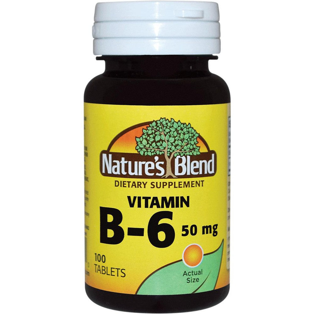 Nature's Blend Vitamin B6 50mg tablets, dietary supplement in blister pack, by Pasteur Pharmacy, for energy and nerve health.