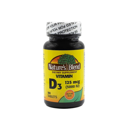 Nature's Blend Vitamin D3 5000 IU supplement in a bottle of 100 tablets, ideal for supporting vitamin D health.