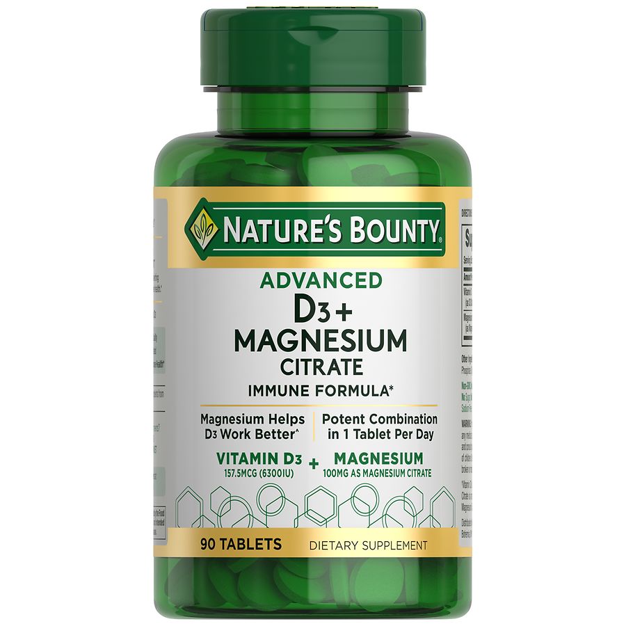 Nature's Bounty Vitamin D3 with Magnesium Citrate supplement tablets for immune support and bone health.