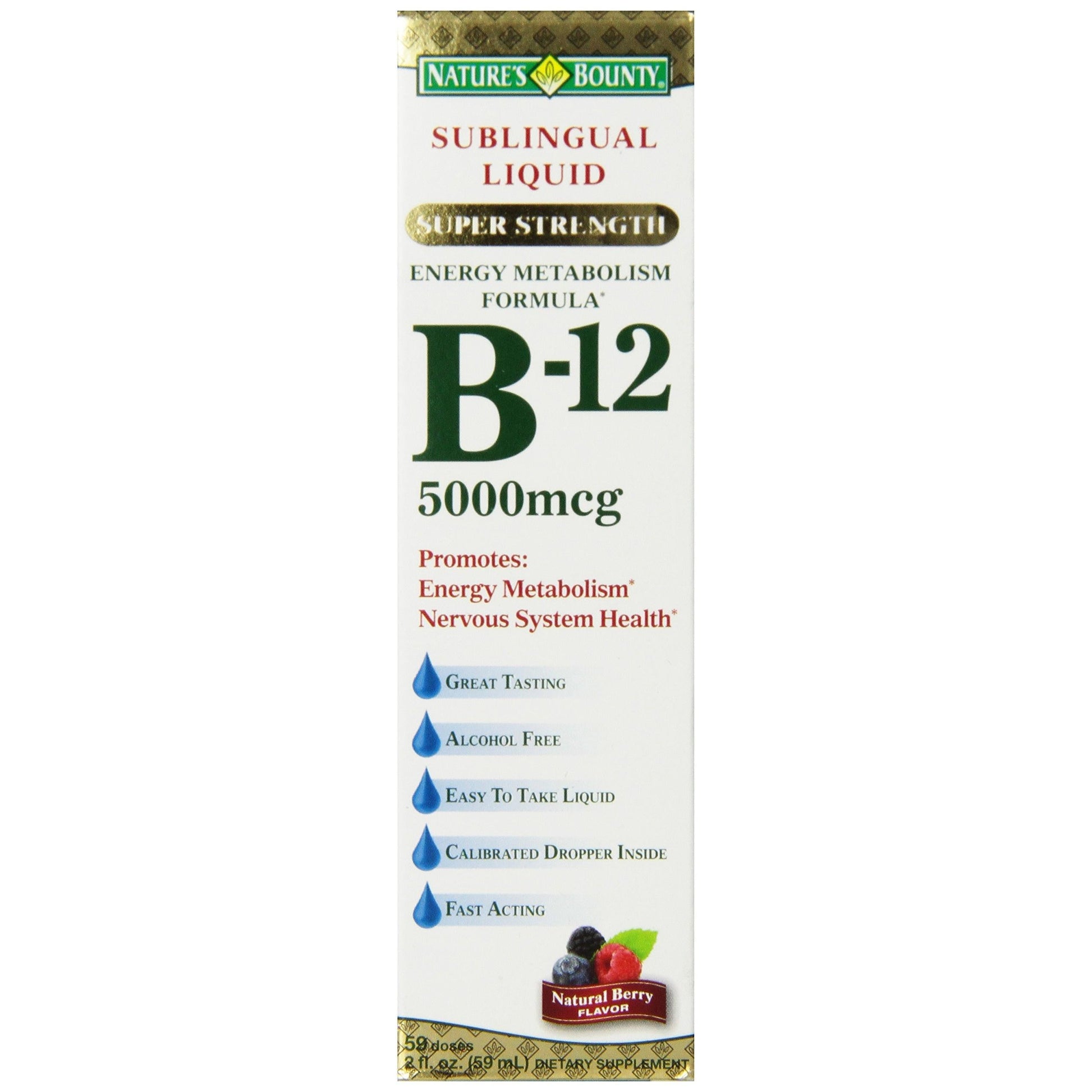 Nature's Bounty B-12 Sublingual Liquid supplement in natural berry flavor, super strength 5000 mcg, 2 fl oz bottle.