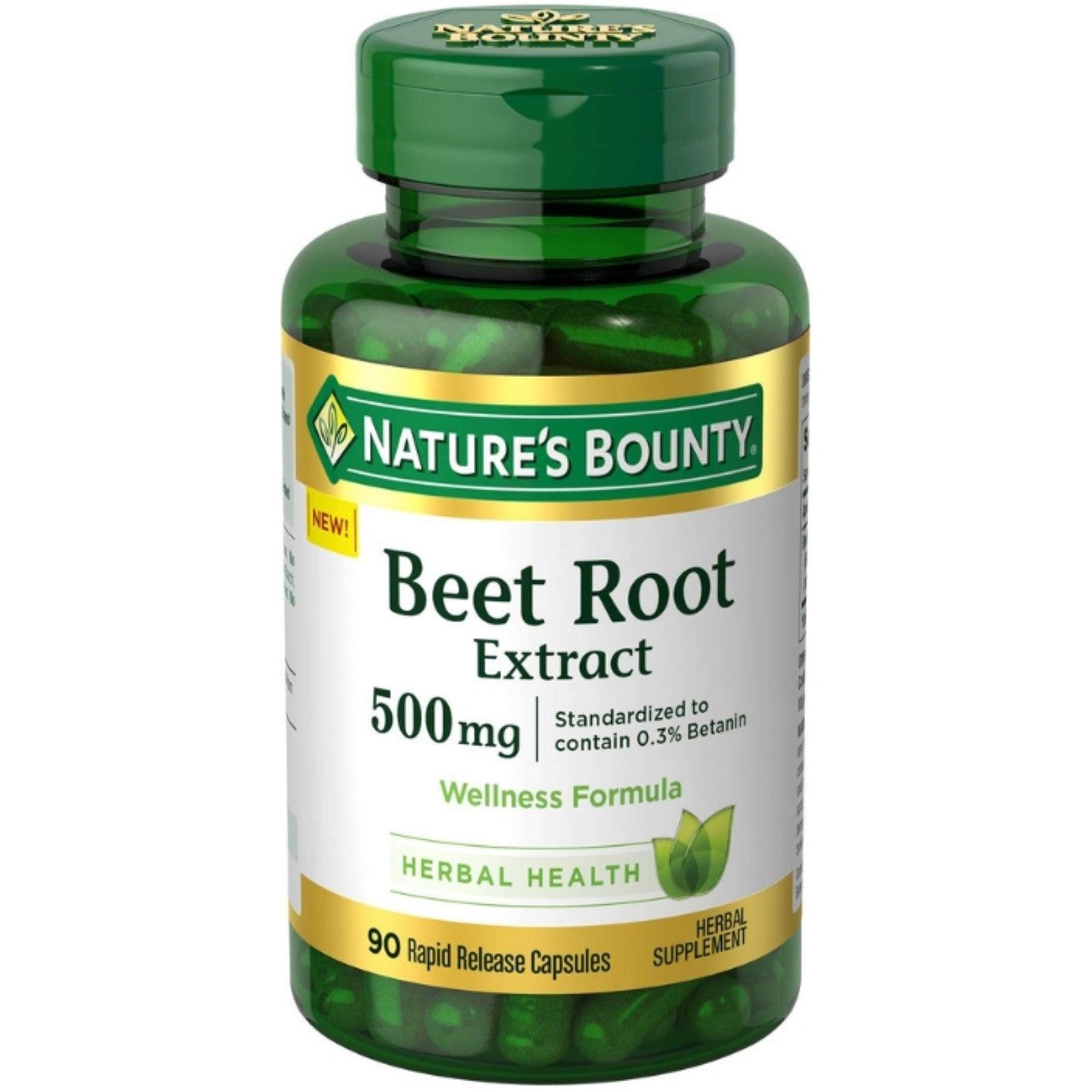 Nature's Bounty Beet Root Extract 500mg rapid release capsules, vitamin supplement in clear gel capsules.
