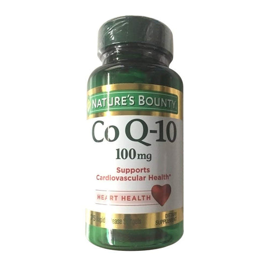 Nature's Bounty Co Q10 Heart Health softgels, 100 mg, dietary supplement for cardiovascular support, in a bottle.