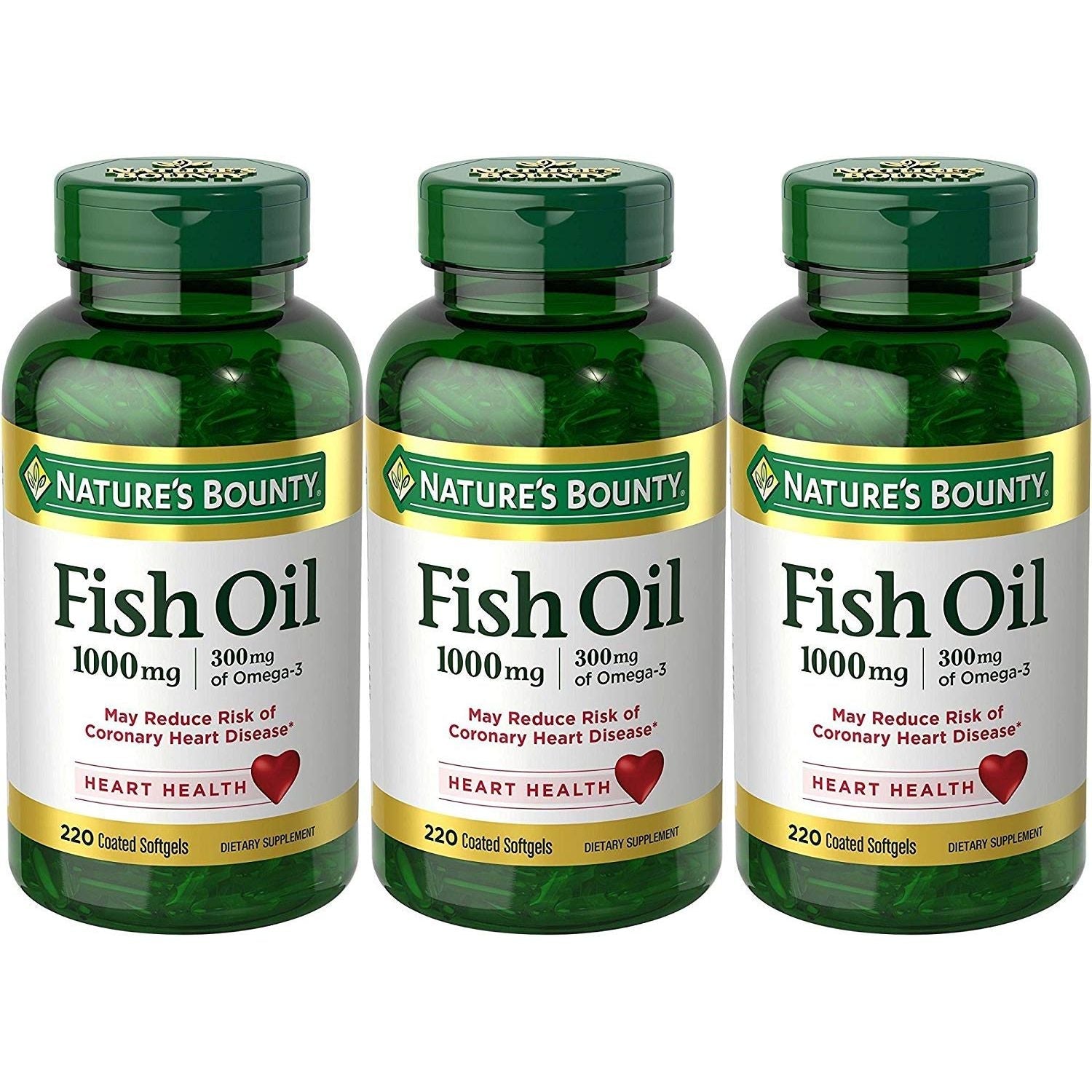 Bottle of Nature's Bounty Fish Oil dietary supplement with 220 coated softgels, supports heart health and provides 1000mg Omega-3.