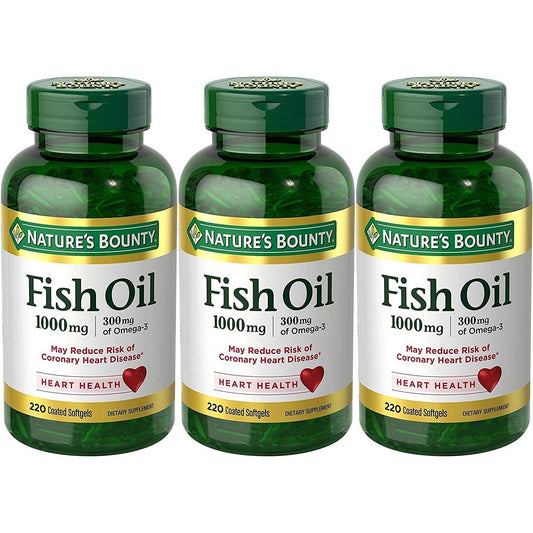 Bottle of Nature's Bounty Fish Oil dietary supplement with 220 coated softgels, supports heart health and provides 1000mg Omega-3.