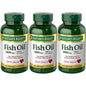 Bottle of Nature's Bounty Fish Oil dietary supplement with 220 coated softgels, supports heart health and provides 1000mg Omega-3.