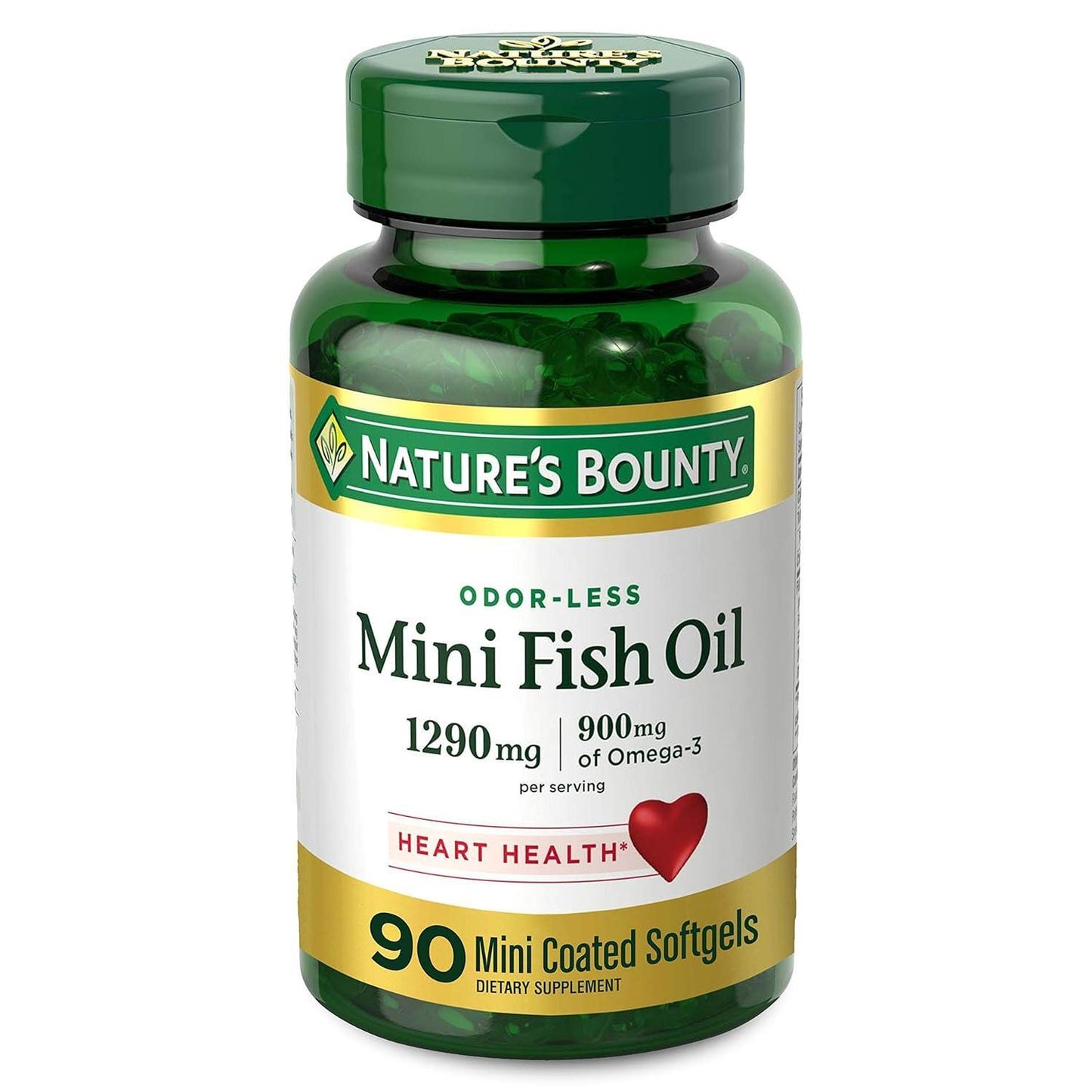 Nature's Bounty Fish Oil Mini softgels with 1290 mg, coated, in a bottle of 90 vitamin and supplement softgels.