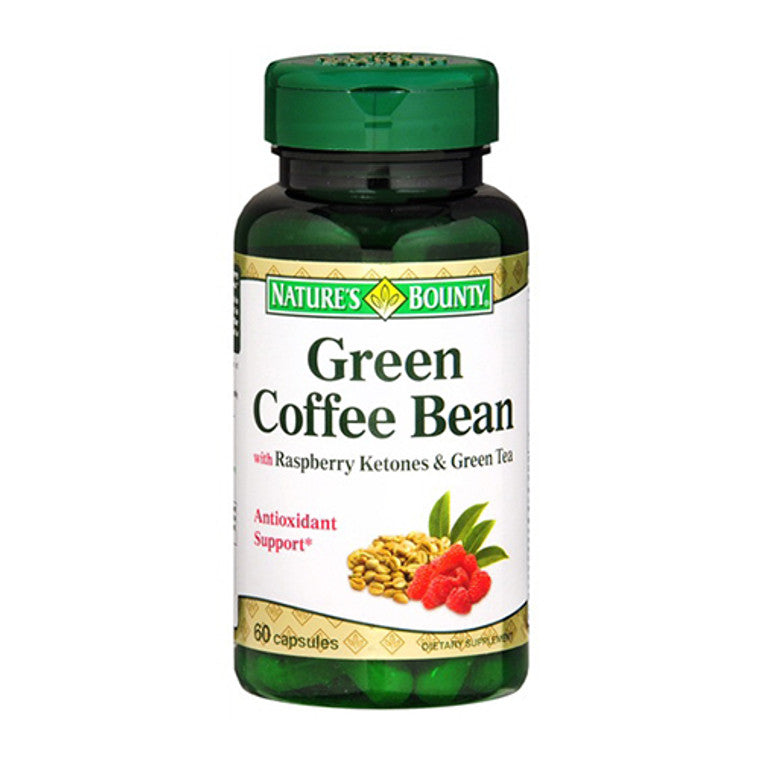 Green coffee bean supplement bottle from Nature's Bounty, part of Vitamins & Supplements, with green coffee beans visible on the label.