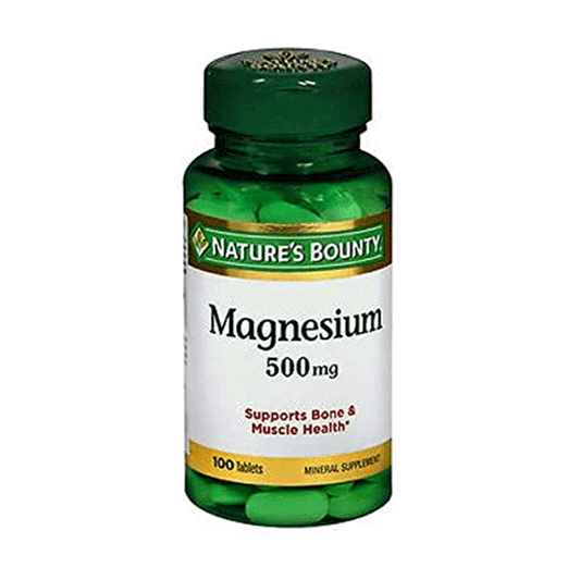 Nature's Bounty magnesium 500 mg coated tablets in blister pack, dietary supplement for muscle and nerve support.