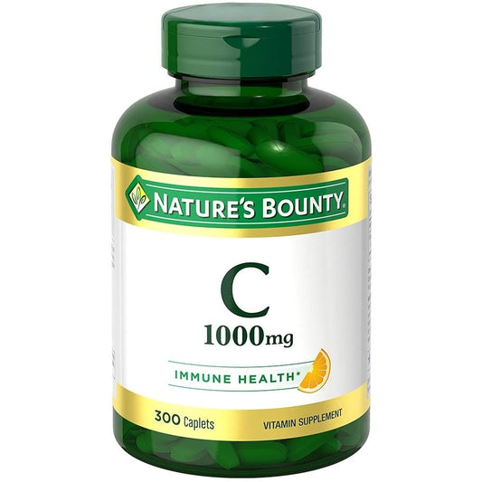 Nature's Bounty Immune Health Vitamin C supplement caplets in a bottle, designed to support immune system health.