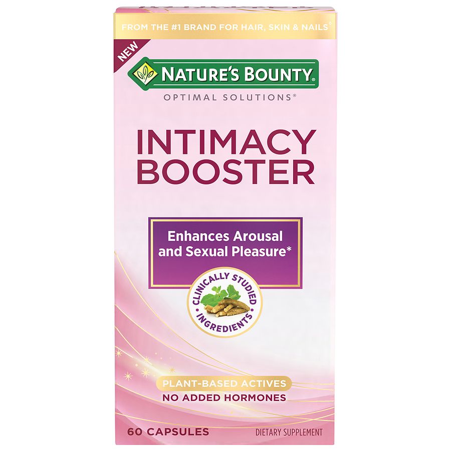 Nature's Bounty Intimacy Booster capsules in a bottle, dietary supplement vitamins for enhancing intimacy.