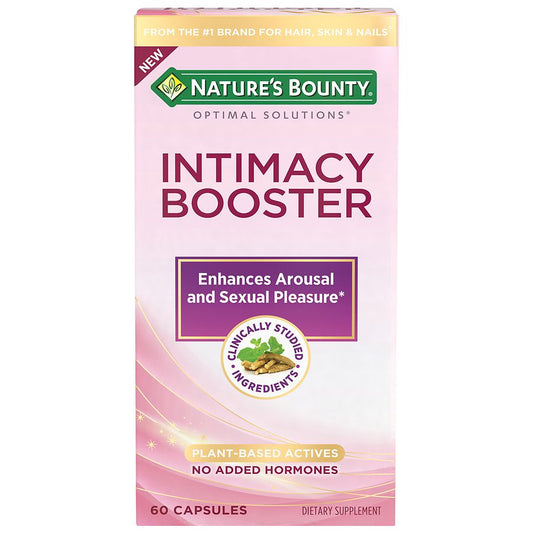 Nature's Bounty Intimacy Booster capsules in a bottle, dietary supplement vitamins for enhancing intimacy.