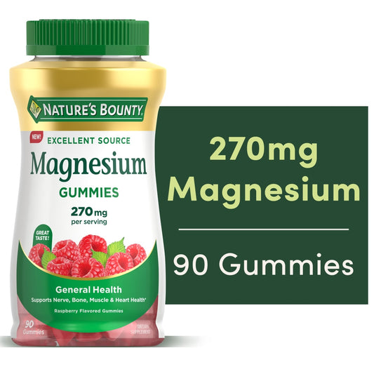 Nature's Bounty Magnesium 270 mg Gummies in raspberry flavor, vitamin supplement with colorful gummy shapes and raspberry flavor details.
