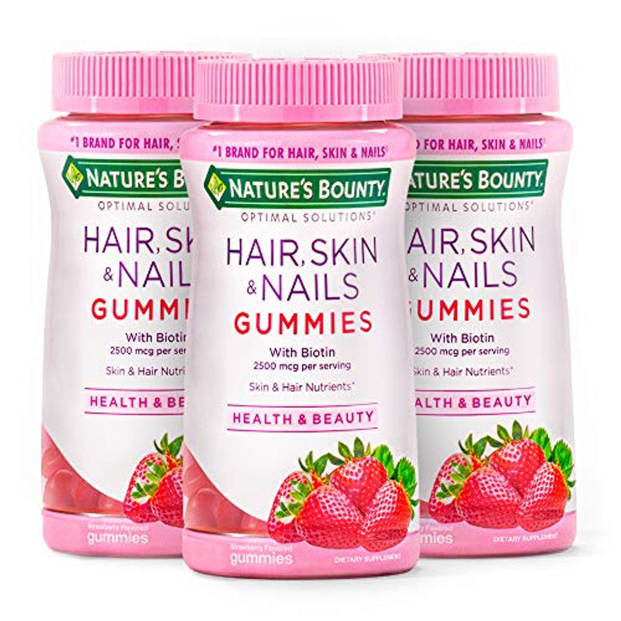 Nature's Bounty Hair, Skin & Nails Vitamin Gummies with Biotin 2500 mcg in strawberry flavor, dietary supplement for hair and skin health