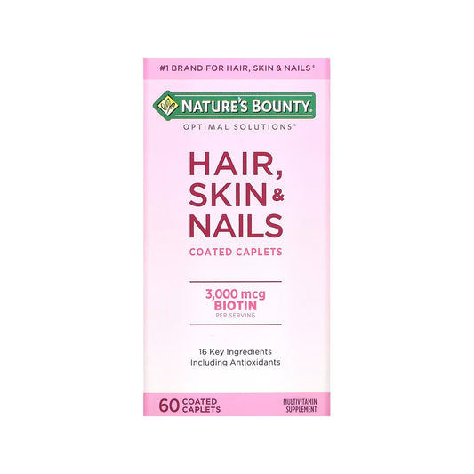 Nature's Bounty Hair, Skin & Nails vitamins with biotin 3000 mcg in coated caplets, dietary supplement for hair and skin health.