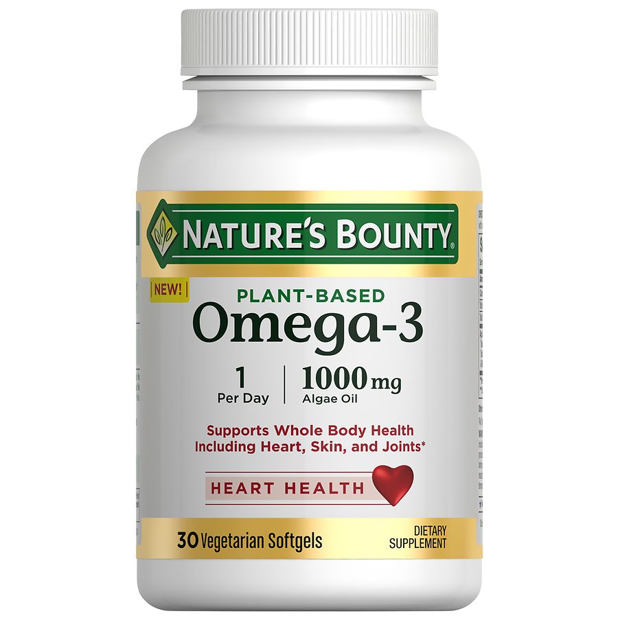 Bottle of Nature's Bounty Plant Base Omega 3 algae oil supplement in a clear plastic container with a green label.