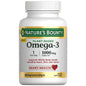 Bottle of Nature's Bounty Plant Base Omega 3 algae oil supplement in a clear plastic container with a green label.