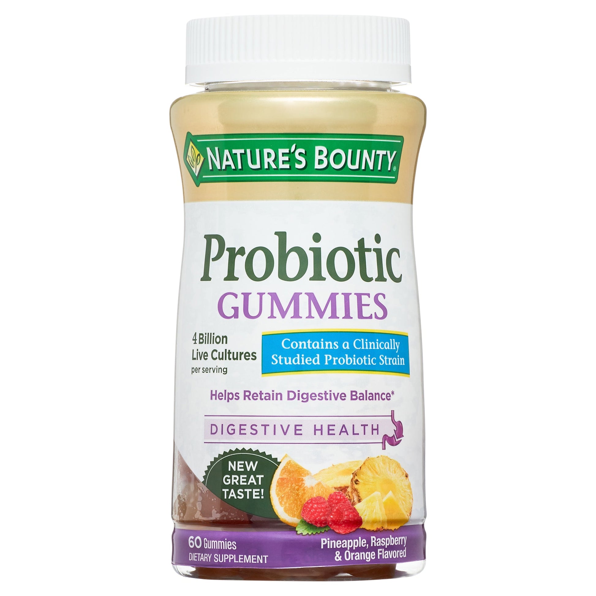 Nature's Bounty probiotic gummies for digestive health with pineapple, raspberry, and orange flavors, from Pasteur Pharmacy.