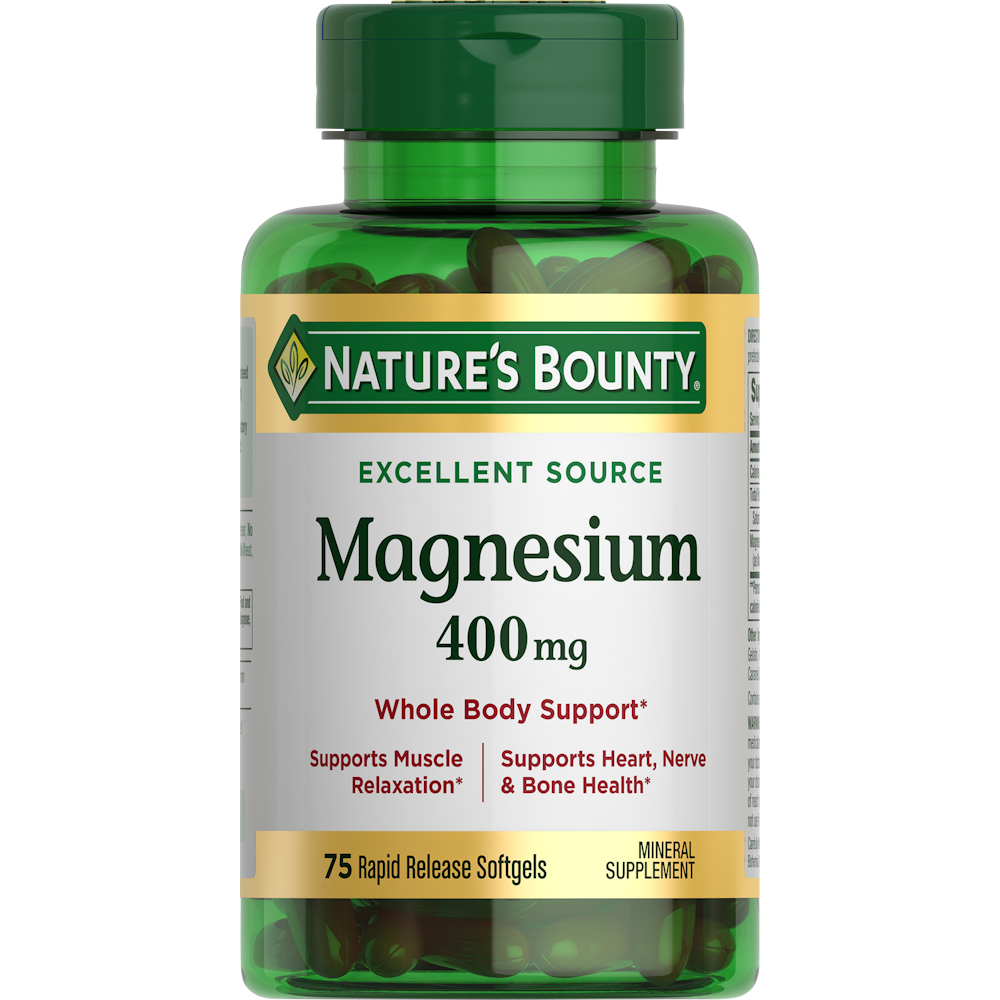 Nature's Bounty Magnesium Rapid Release Softgels, 400 mg, dietary supplement for muscle and nerve support, in softgel capsules.