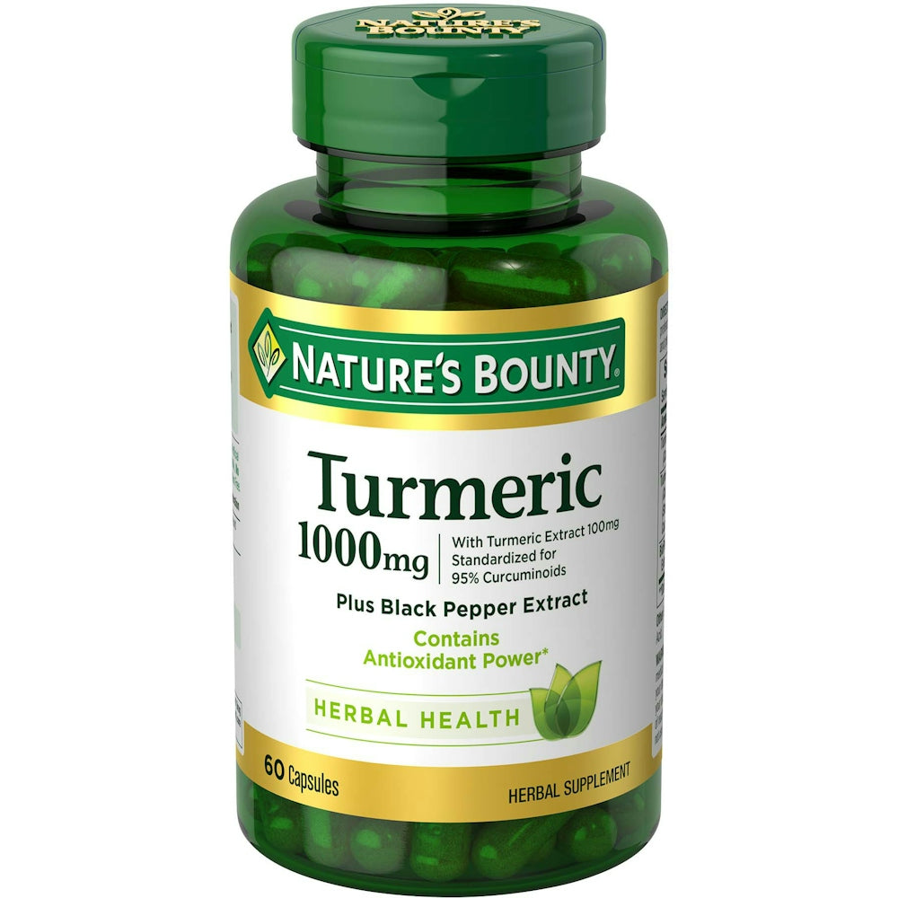 Nature's Bounty Turmeric Plus Black Pepper Capsules, 1,000 Mg vitamin supplement in a bottle with 60 capsules.