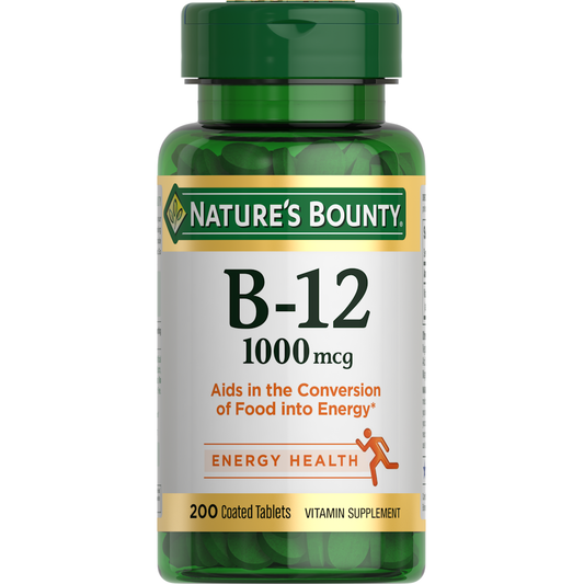 Nature's Bounty Vitamin B-12 1000 mcg coated tablets, dietary supplement supporting energy metabolism, shown in a bottle.